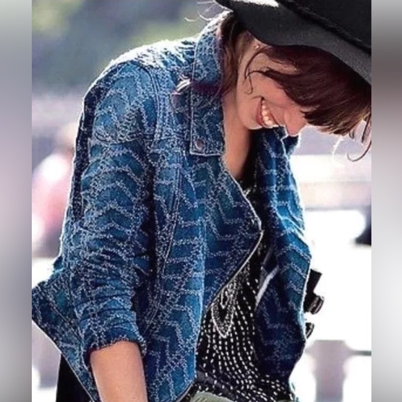 Free People Chevron Herringbone Punched Moto Jean Jacket Sz 4 Get Fall Readyđ! - Picture 9 of 13